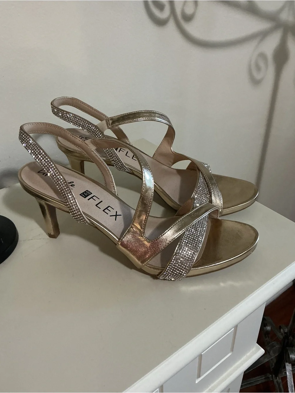Life stride Flex Metallic Gold Rhinestone Slingback Heels Size 10 NWOT